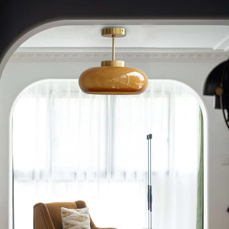 Domelight | 11-Inch Vintage Semi-Flush Ceiling Light Featuring Orange Dome Glass Shade