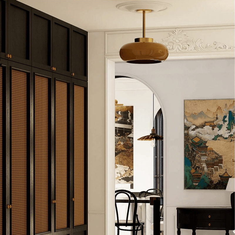 Domelight | 11-Inch Vintage Semi-Flush Ceiling Light Featuring Orange Dome Glass Shade