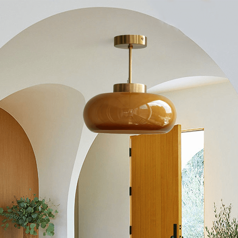 Domelight | 11-Inch Vintage Semi-Flush Ceiling Light Featuring Orange Dome Glass Shade
