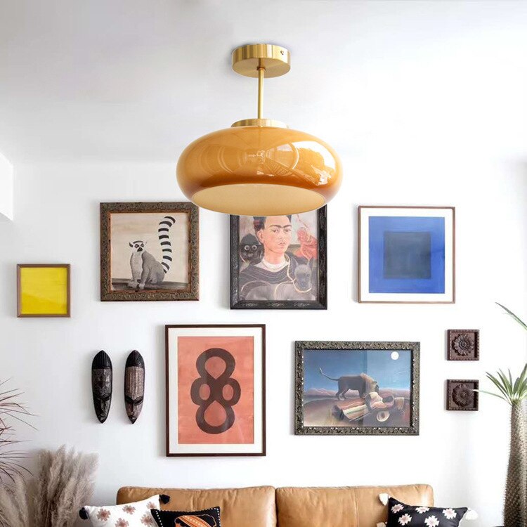 Domelight | 11-Inch Vintage Semi-Flush Ceiling Light Featuring Orange Dome Glass Shade