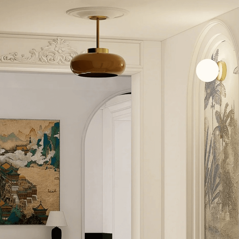 Domelight | 11-Inch Vintage Semi-Flush Ceiling Light Featuring Orange Dome Glass Shade