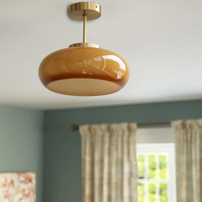Domelight | 11-Inch Vintage Semi-Flush Ceiling Light Featuring Orange Dome Glass Shade