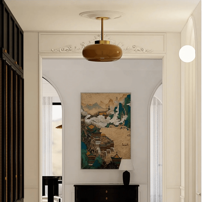 Domelight | 11-Inch Vintage Semi-Flush Ceiling Light Featuring Orange Dome Glass Shade